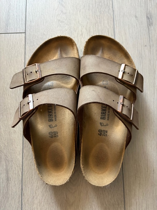 Birkenstock Shoes - Birkenstock Arizona Two-Strap Sandals in Metallic Bronze